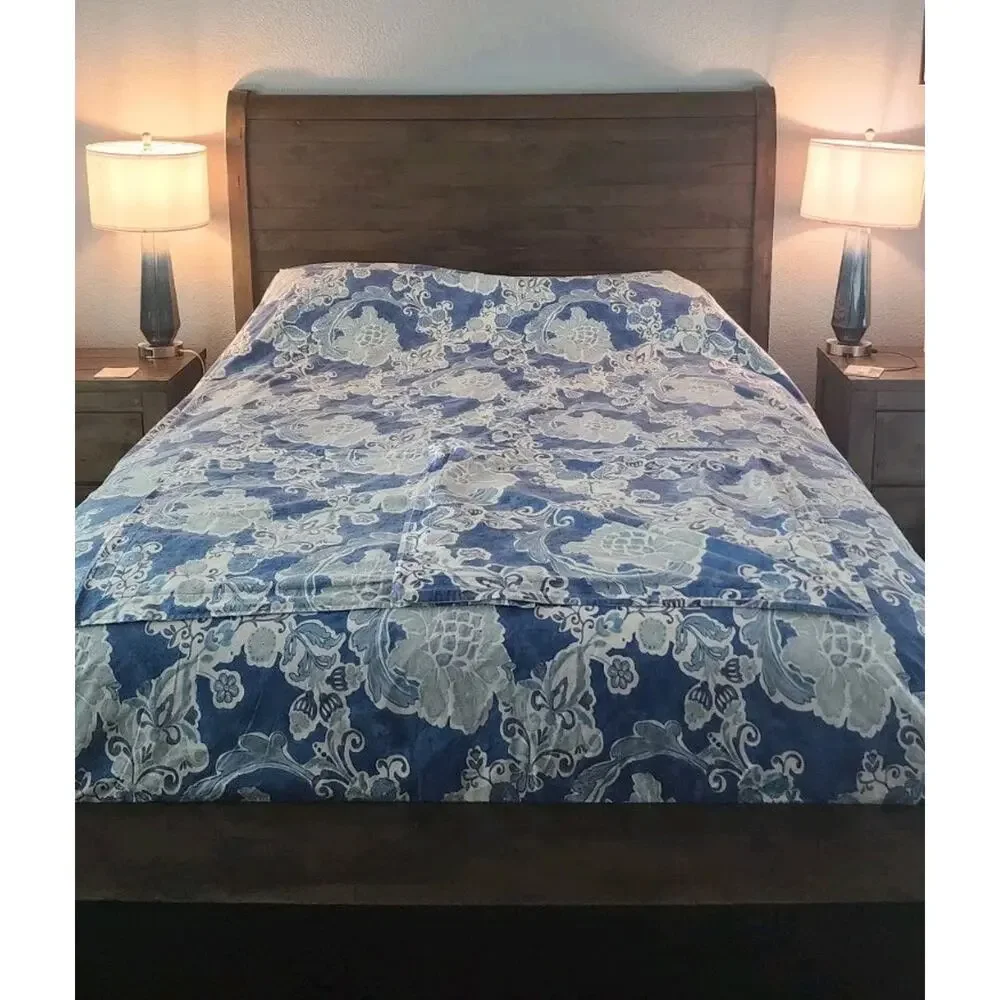 Pottery Barn Organic Cotton Blue Floral King Duvet Cover Euro Sham Set